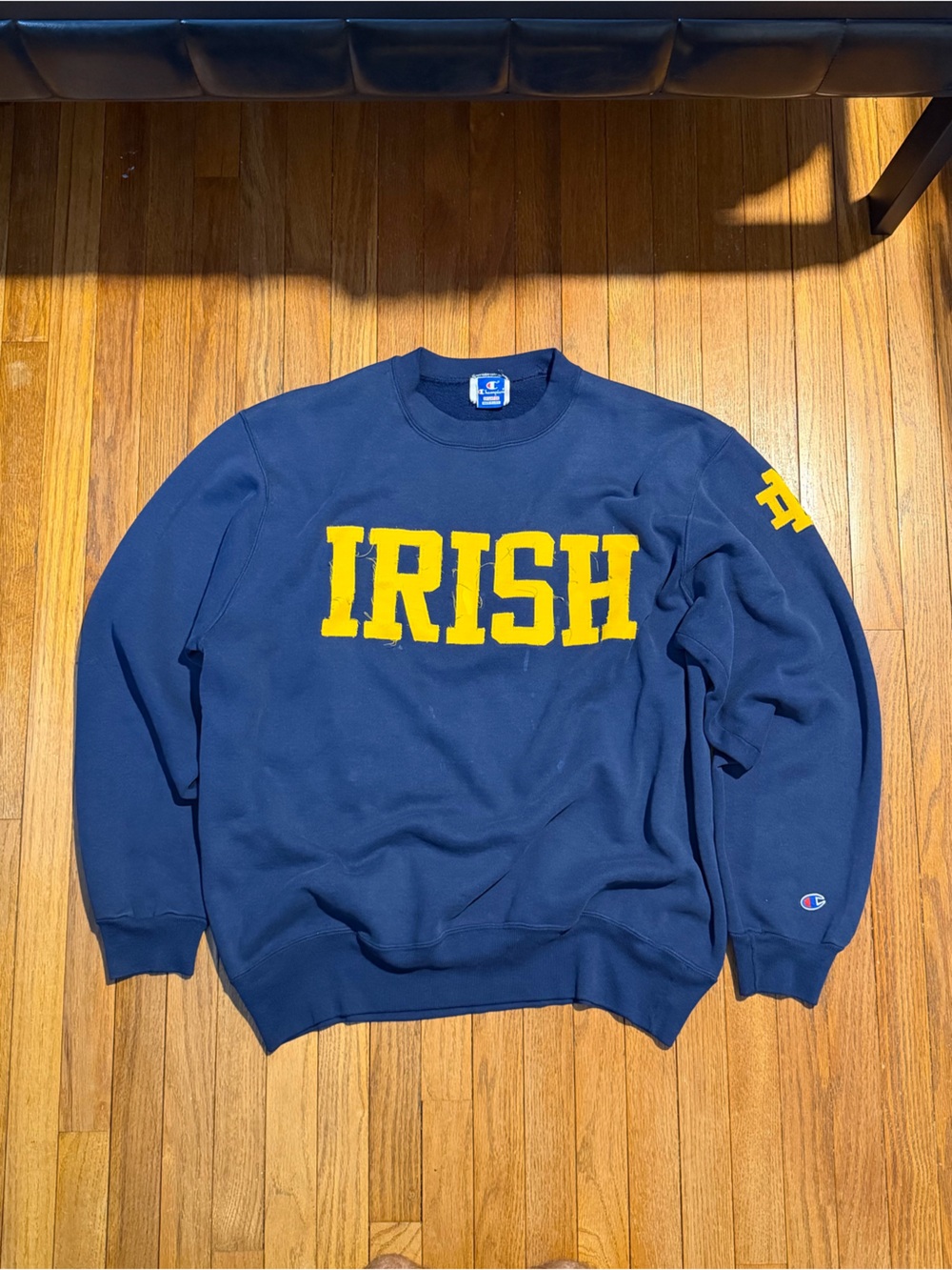 Champion Navy Crewneck Sweatshirt with Yellow IRISH Lettering